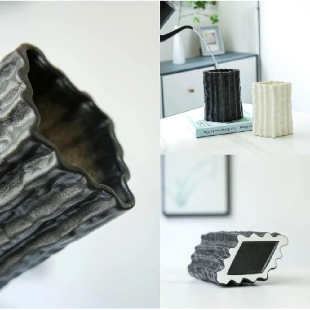 Set of 2 - Lg Black & White - Ribbed Rhombus Ceramic Vases for Flowers & Decor